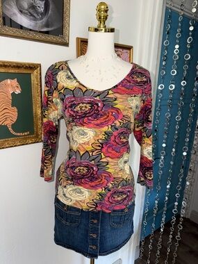 Vintage Y2K Floral Scoop Neck Long Sleeve Top - Pink Multi